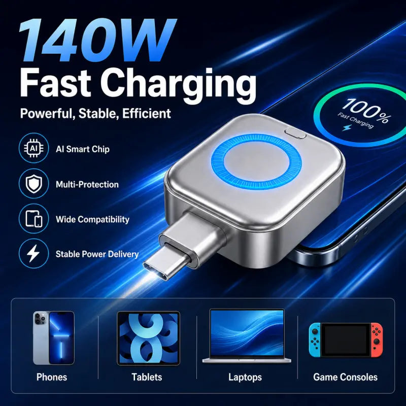 Smart Auto-Disconnect Charger Adapter, 140W Lightning Fast AI Charger with Stay Cool Tech, Full Battery Power-Off Protector for Mobile Phones & Electronics