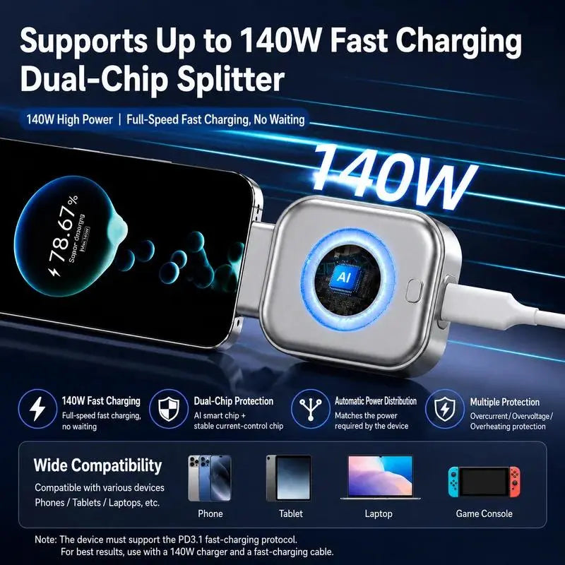 Smart Auto-Disconnect Charger Adapter, 140W Lightning Fast AI Charger with Stay Cool Tech, Full Battery Power-Off Protector for Mobile Phones & Electronics