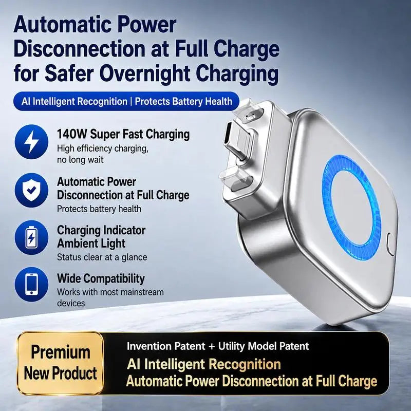 Smart Auto-Disconnect Charger Adapter, 140W Lightning Fast AI Charger with Stay Cool Tech, Full Battery Power-Off Protector for Mobile Phones & Electronics