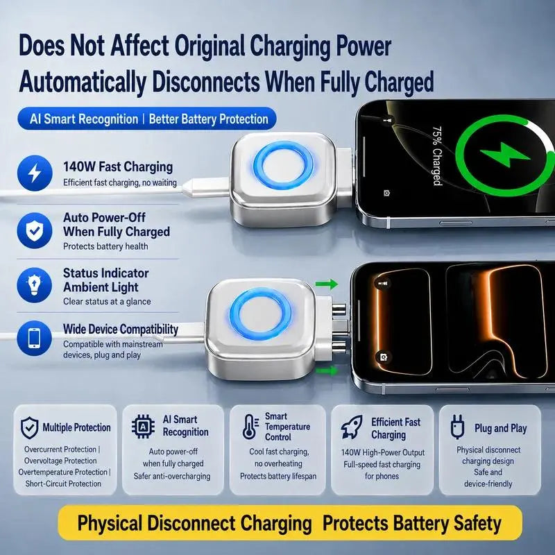 Smart Auto-Disconnect Charger Adapter, 140W Lightning Fast AI Charger with Stay Cool Tech, Full Battery Power-Off Protector for Mobile Phones & Electronics